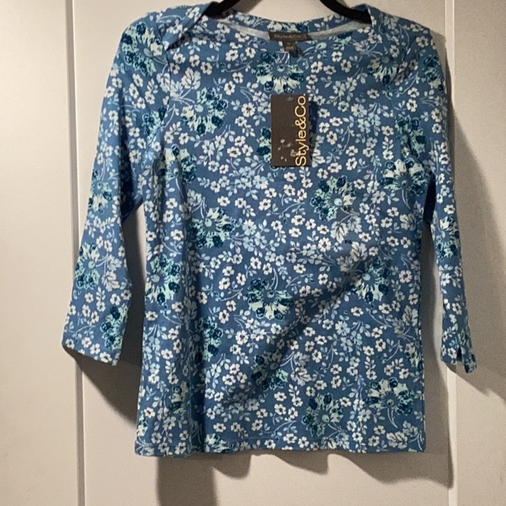 NWT Style & Co Size PS Pottery Floral 3/4-Sleeve‎ Pima Knit Top - Picture 2 of 6